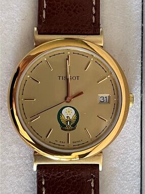 Vintage Tissot Gold Watch Rare UAE Military Emblem Swiss Quartz Leather N550
